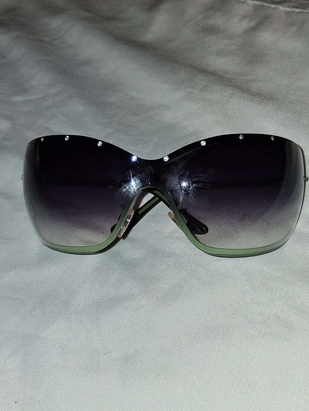 Vogue Oversized Shield Sunglasses with Green Trim and Crystal Studs